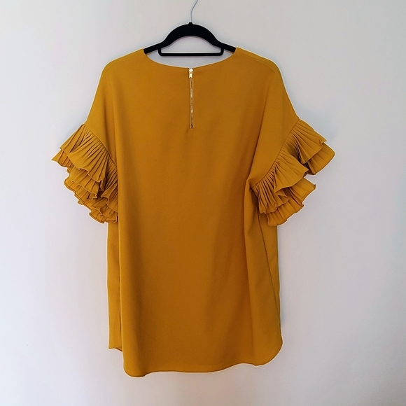 Ontwelfth | Golden Yellow Pleated Ruffle Sleeve Shift Dress - Picture 2 of 7